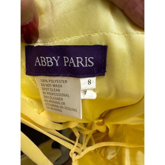 Abby Paris formal Gown 8 Butter Cup yellow Illusion plunging open back NWT $338 - Picture 7 of 15